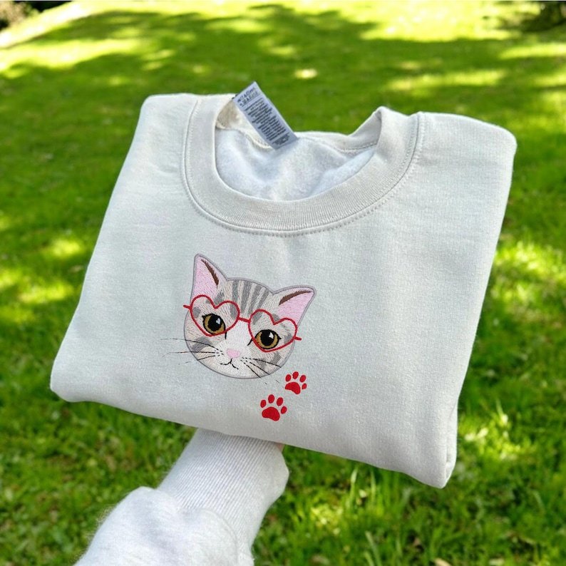 Custom Pet Portrait & Heart Shape Glasses Embroidered Sweatshirt, Hoodie, T-shirt, Valentine's Day Gift