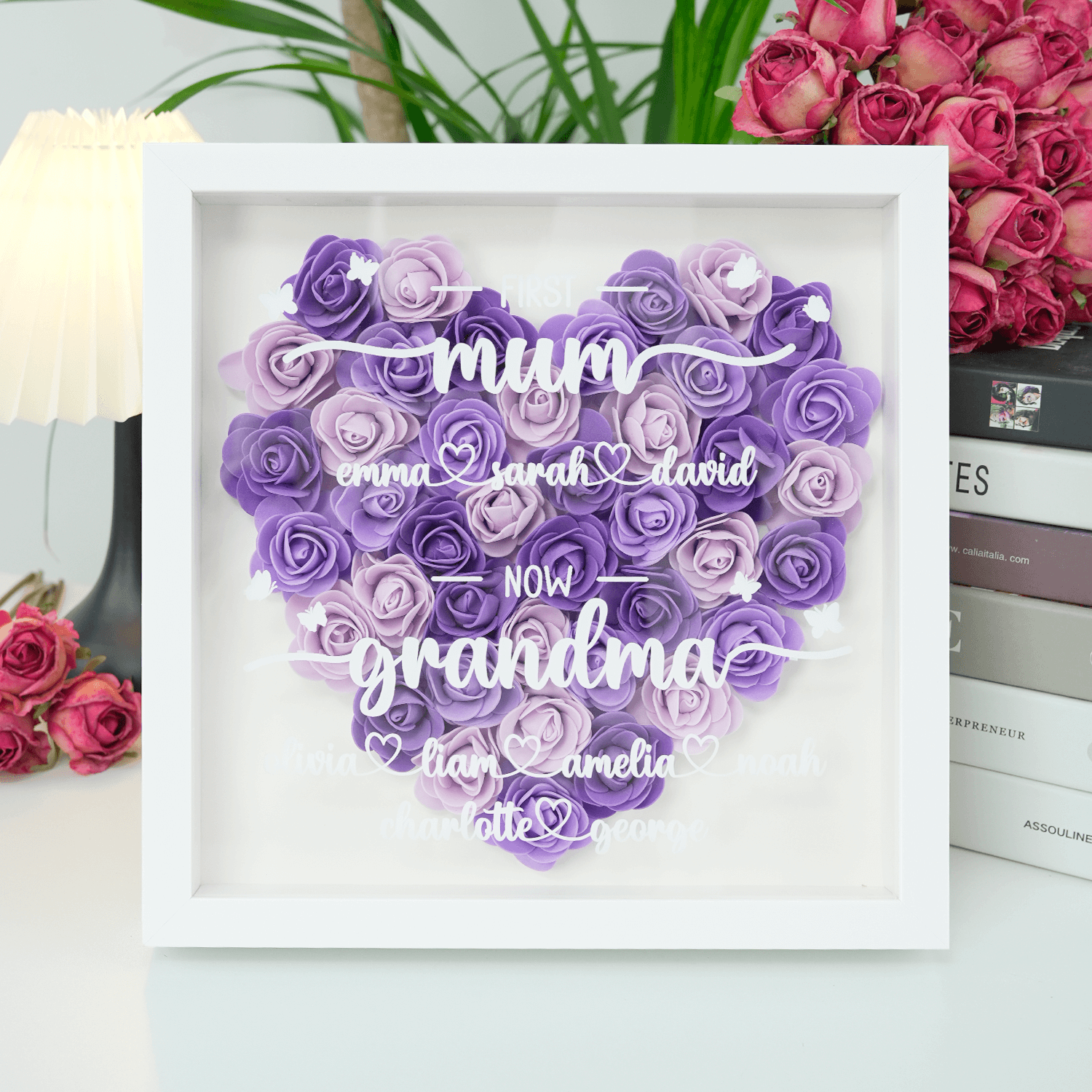 Personalized First Mum Now Grandma Flower Shadow Box, Shadowbox Heart Mom Frame Gift