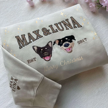 Custom Embroidered Sweatshirt With Pet Portrait and Name, Christmas Jumper Sweatshirt