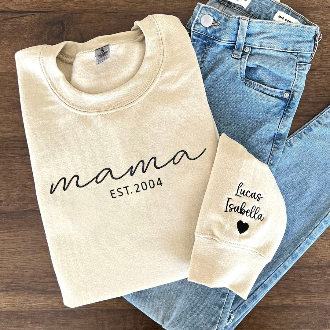 Custom Embroidered Mama Sweatshirt with Date and Kids Names on Sleeve