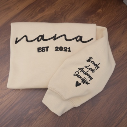 Custom 3D Embroidered Sweatshirt with Date and Kids Names on Sleeve, Gifts For Mama, Papa & Nana
