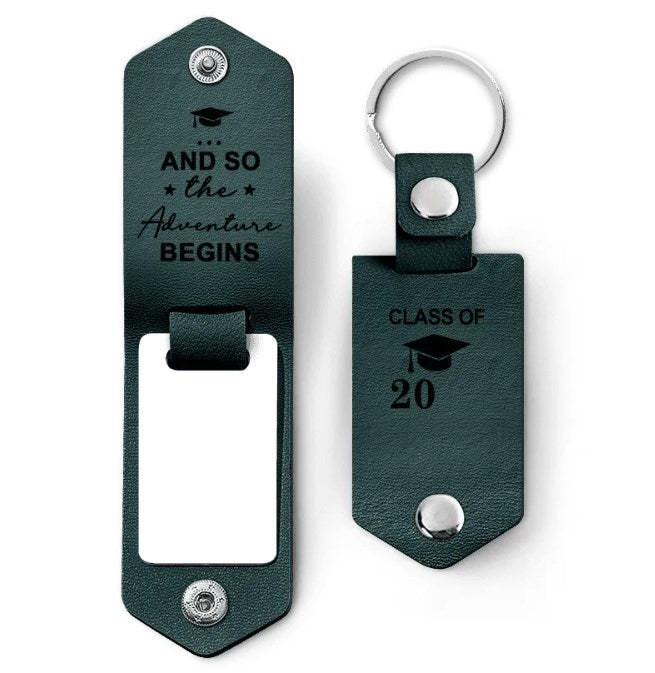 Custom Photo And So The Adventure Begins - Graduation Gift - Personalized Leather Photo Keychain