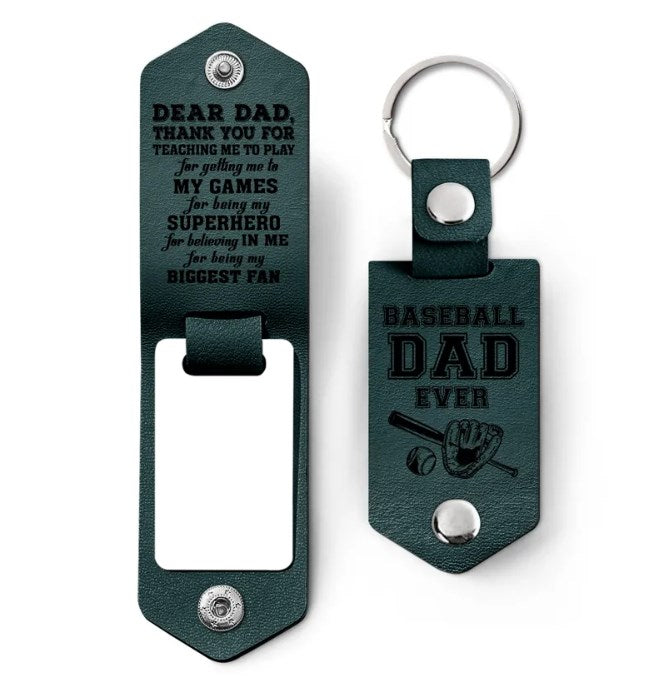 Custom Photo Dear Dad Thank You For Teaching Me - Birthday, Loving Gift For Baseball, Softball Father - Personalized Leather Photo Keychain-ilovevango