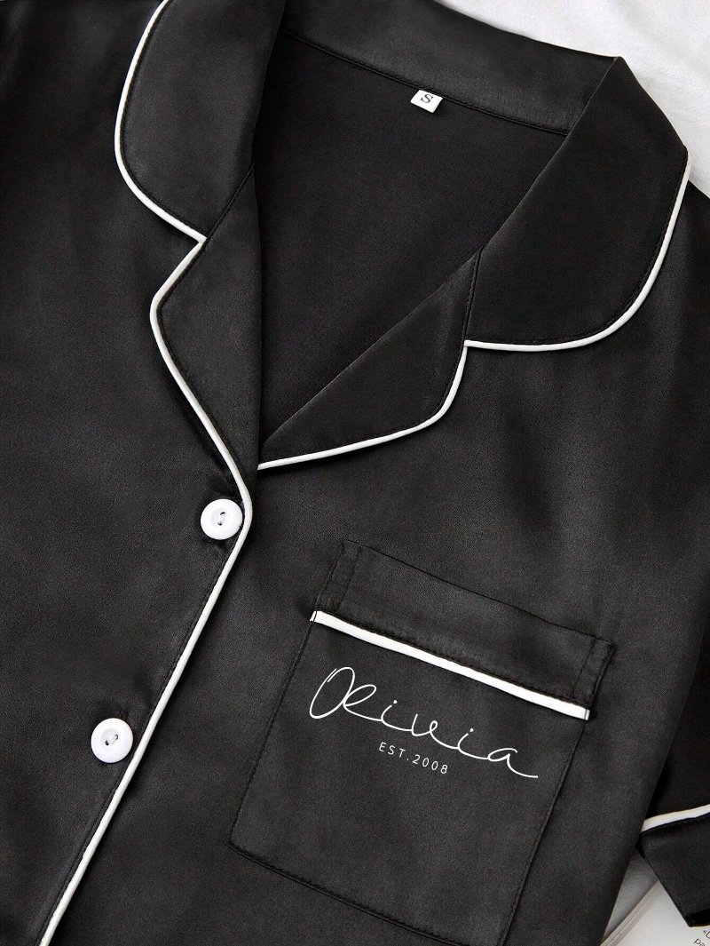 Personalized Print Women Pajamas Sleepwear Ice Silk Short Sleeve Top And Shorts, Custom Black Ice Silk Pajama Set Comfortable, Gift For Mom-ilovevango