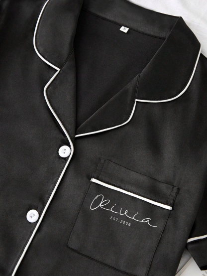 Personalized Print Women Pajamas Sleepwear Ice Silk Short Sleeve Top And Shorts, Custom Black Ice Silk Pajama Set Comfortable, Gift For Mom-ilovevango