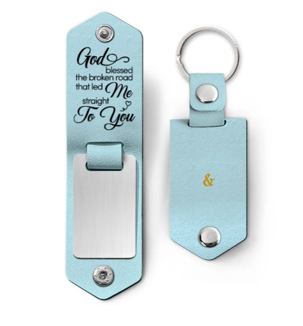 Custom Photo God Blessed The Broken Road - Loving, Anniversary Gift For Couple, Spouse, Husband, Wife - Personalized Leather Photo Keychain-ilovevango