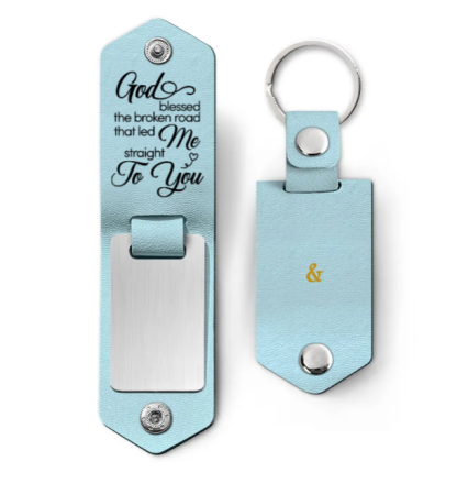 Custom Photo God Blessed The Broken Road - Loving, Anniversary Gift For Couple, Spouse, Husband, Wife - Personalized Leather Photo Keychain-ilovevango