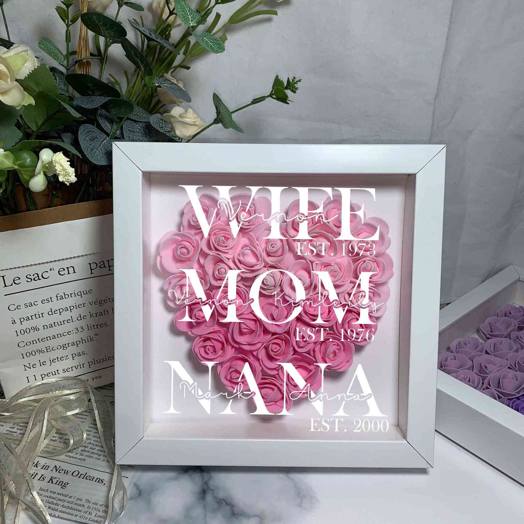Wife Mom Grandma, Personalized Heart Flower Shadow Box, Rose Frame Box, Mother's Day Gift