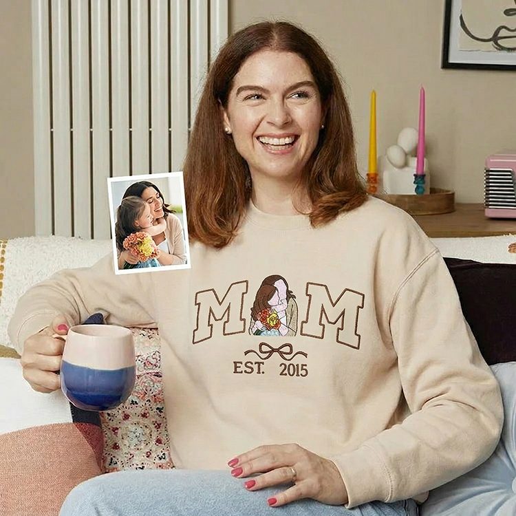 Custom Mama Mom T-Shirt Sweatshirt with Photo and Kids Portrait with Bow Embroidery
