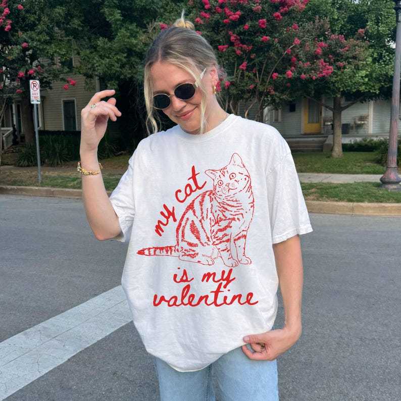 My Cat Is My Valentine Sweatshirt, Custom Cat Photo Line Art Retro Valentines Day Shirt
