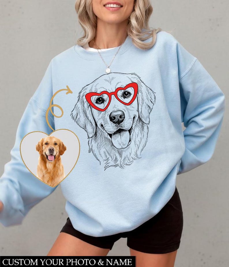 Custom Pet Valentine’s Day Sweatshirt - Personalized Dog/Cat Heart Glasses Graphic Crewneck