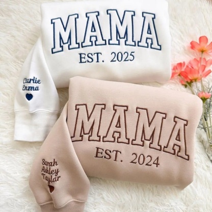 Custom Embroidered MAMA Sweatshirt with Kids Names on Sleeve – Mother’s Day Gift
