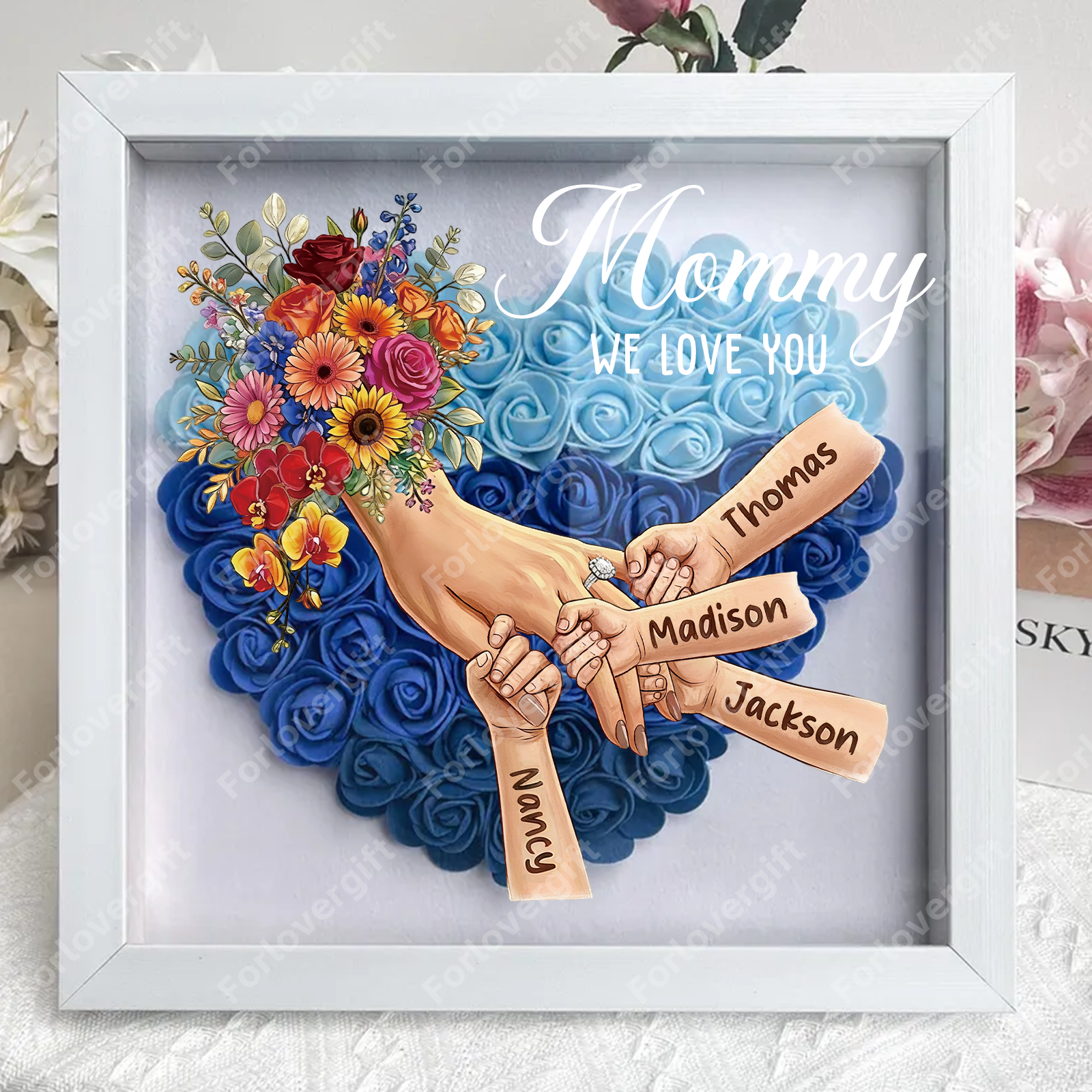 Personalized Mommy Holding Hands Shadow Box with Ring & Manicure – Custom Kids Names Floral Heart Frame, Premium Mother’s Day Gift