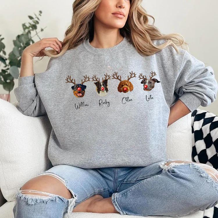 PetFiestas® Custom Multiple Pets Photo Christmas Sweatshirt, Funny Dog Reindeer Sweatshirt