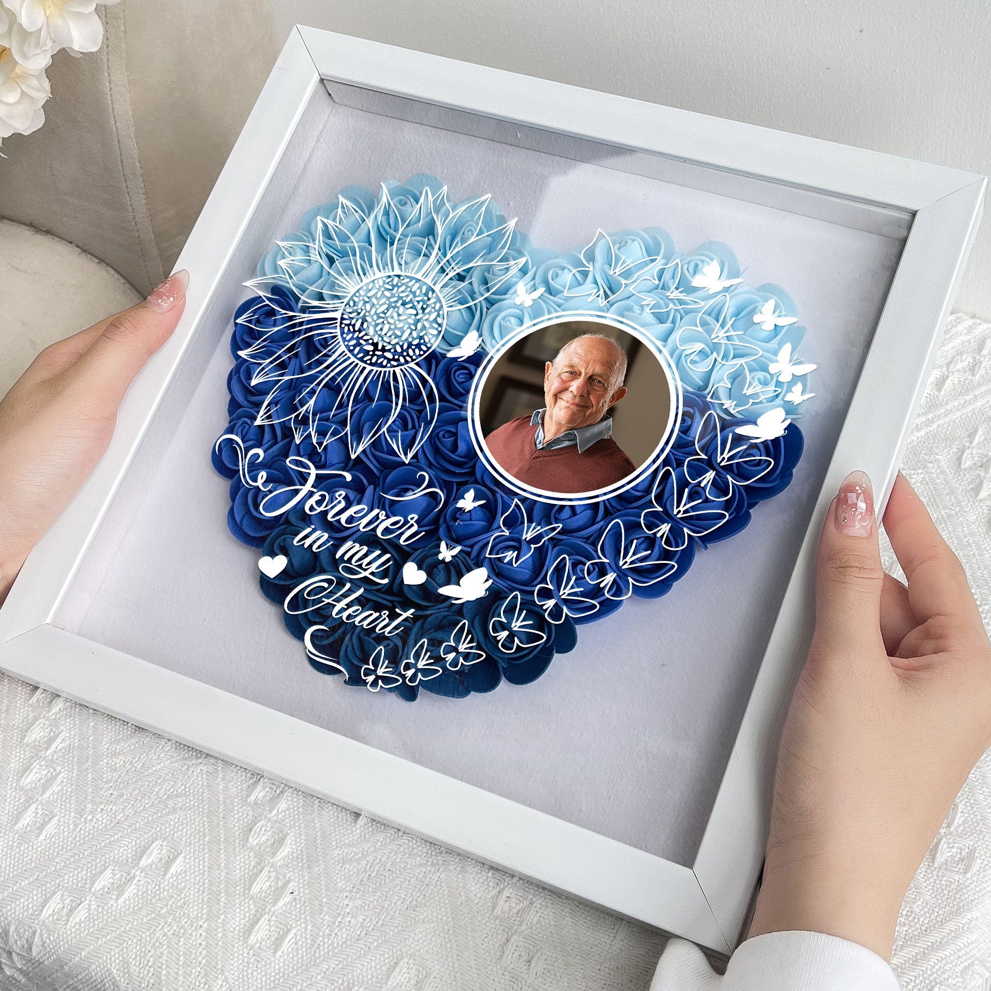 Personalized Flower Shadow Box, Sunflower Forever In My Heart Custom Photo Flower Shadow Box