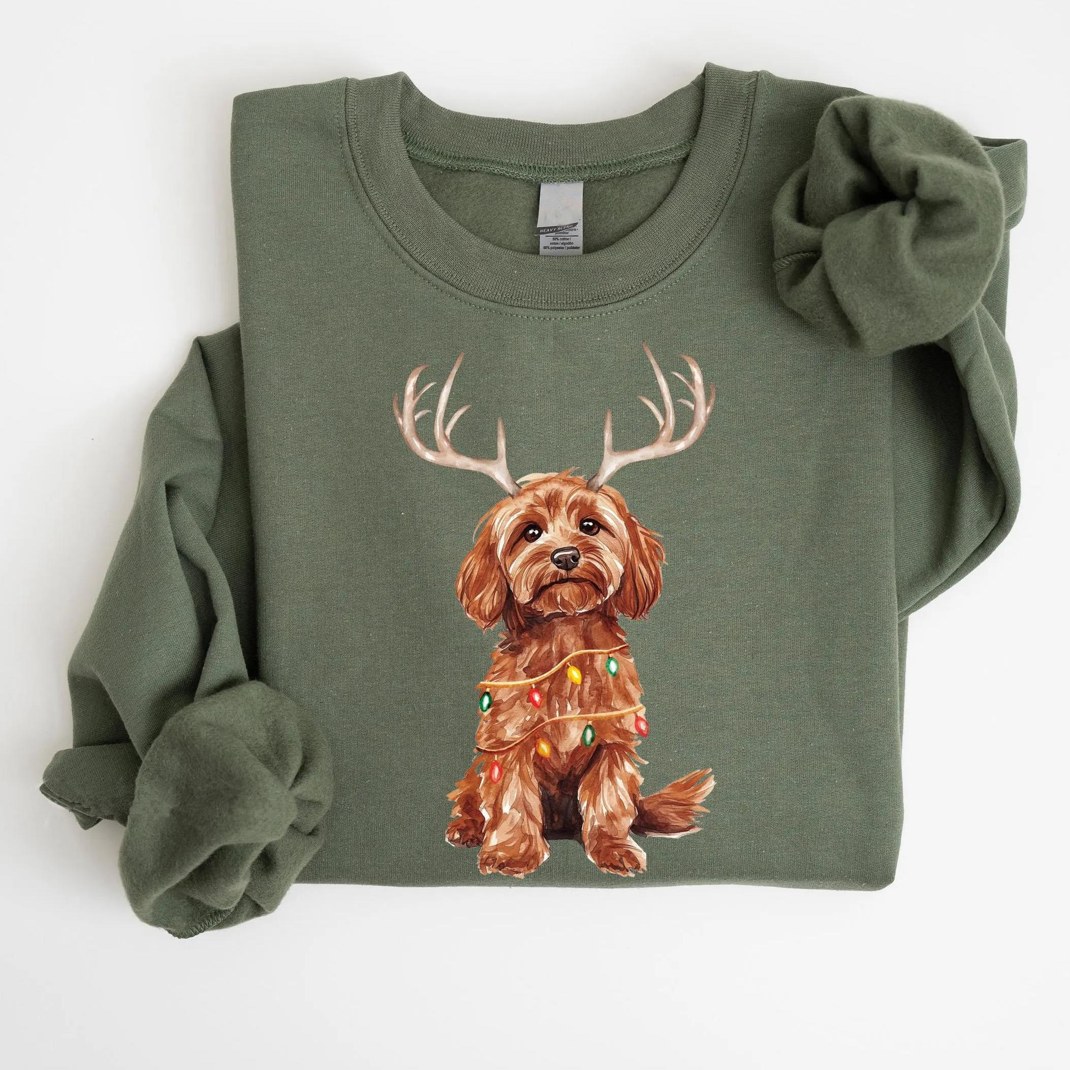Custom Christmas Dog Photo Sweatshirt with Reindeer and Christmas Lights Design