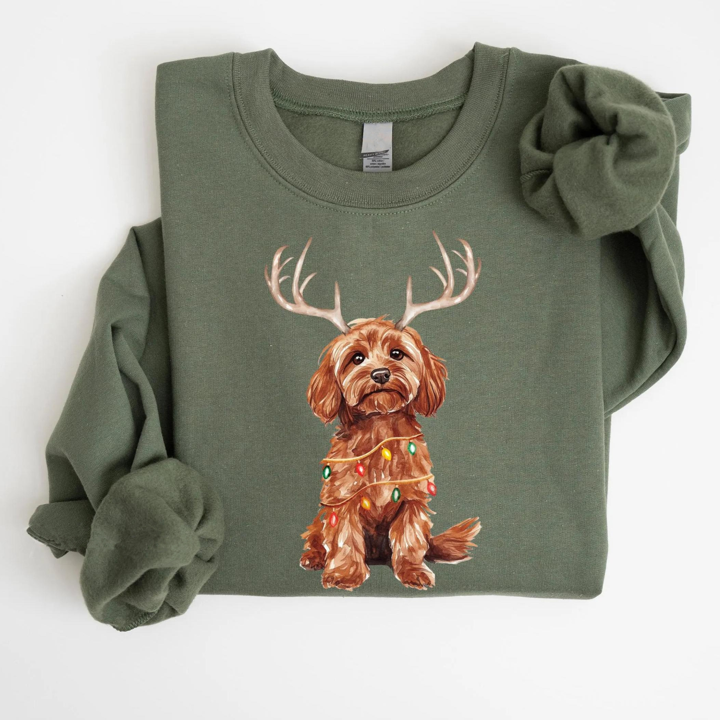 Custom Christmas Dog Photo Sweatshirt with Reindeer and Christmas Lights Design