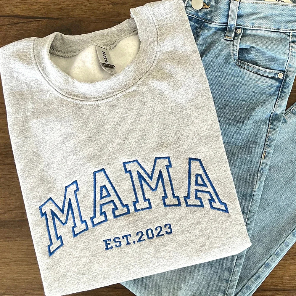 Custom Embroidered MAMA Sweatshirt with Kids Names on Sleeve – Mother’s Day Gift