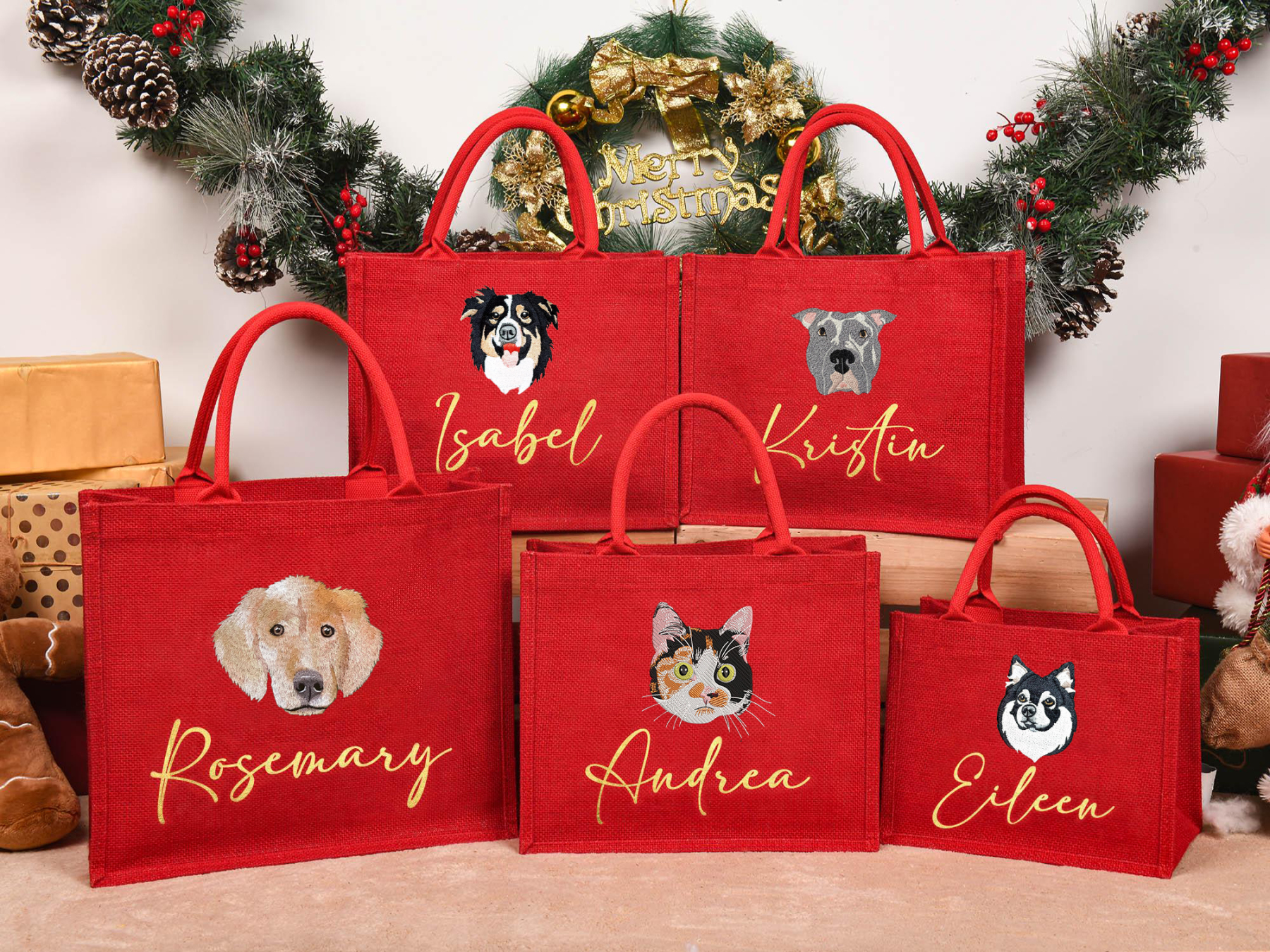 Personalized Pet Portrait Embroidered Christmas Gift Bag