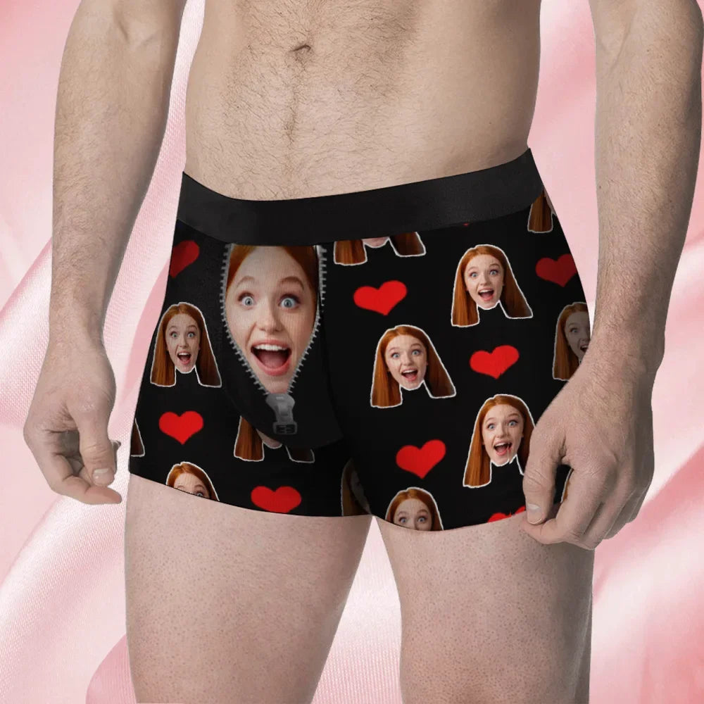 Custom Face Men's Boxer Boxer Briefs I Love You Style Underwear, Birthday Gifts for Husband, Waistband Text Boxer Gift-ilovevango