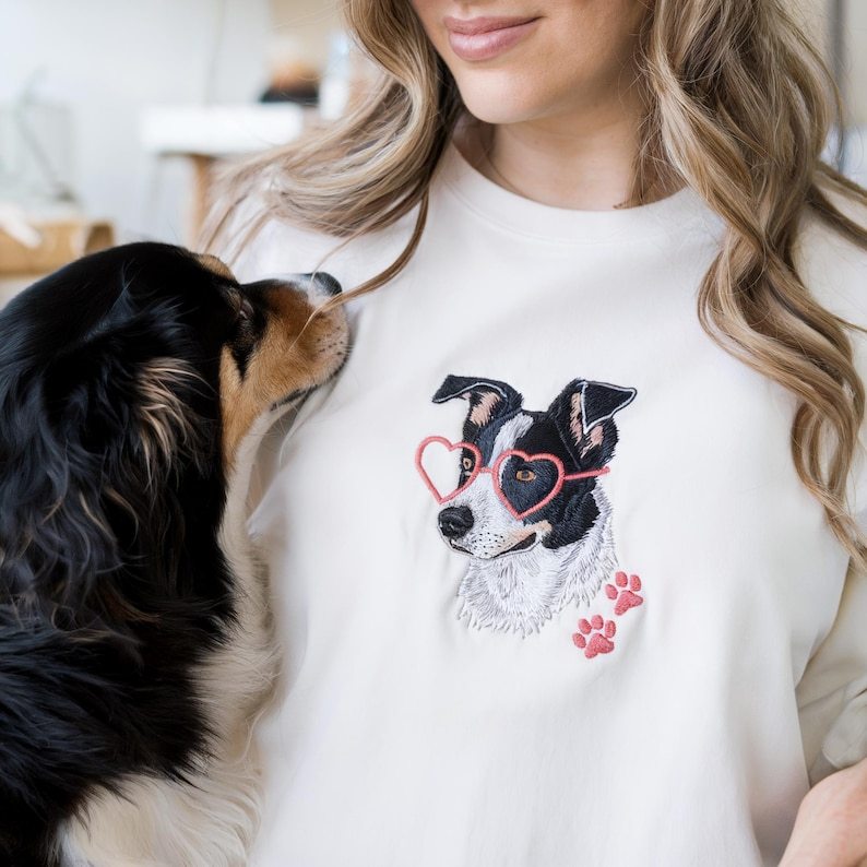 Custom Pet Portrait & Heart Shape Glasses Embroidered Sweatshirt, Hoodie, T-shirt, Valentine's Day Gift