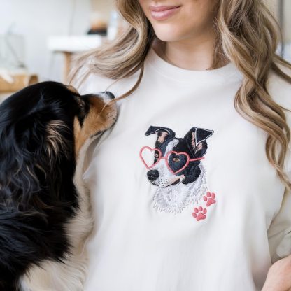 Custom Pet Portrait & Heart Shape Glasses Embroidered Sweatshirt, Hoodie, T-shirt, Valentine's Day Gift