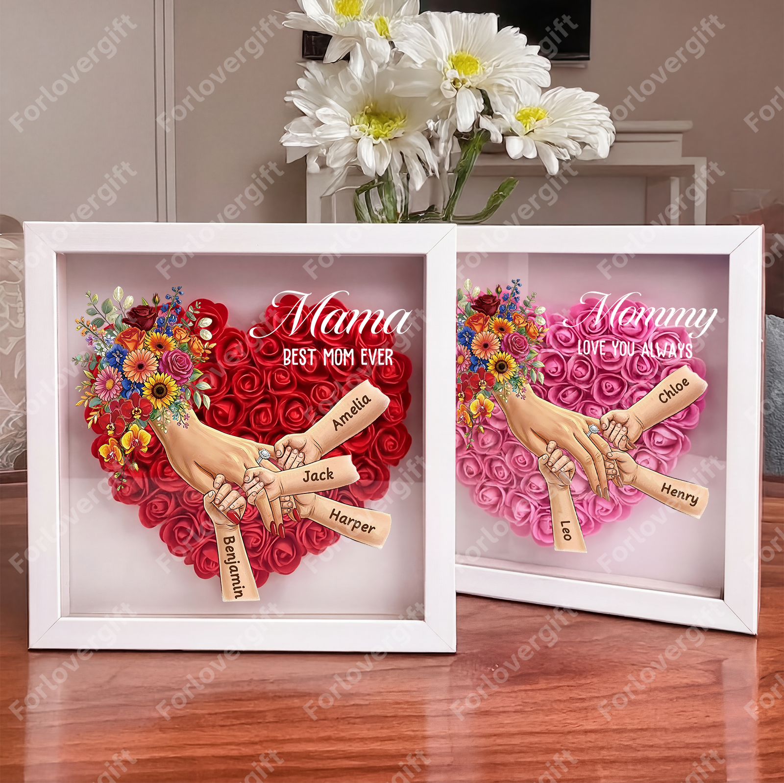 Personalized Mommy Holding Hands Shadow Box with Ring & Manicure – Custom Kids Names Floral Heart Frame, Premium Mother’s Day Gift