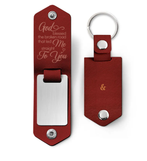 Custom Photo God Blessed The Broken Road - Loving, Anniversary Gift For Couple, Spouse, Husband, Wife - Personalized Leather Photo Keychain-ilovevango
