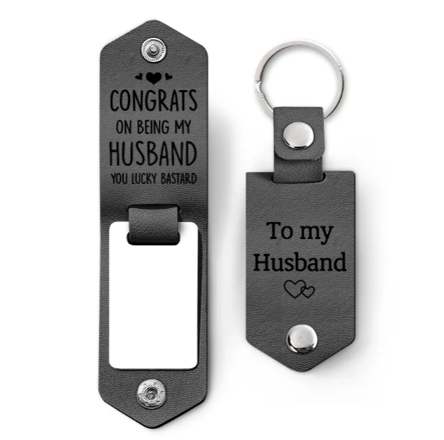Custom Photo Congrats On Being My Husband - Anniversary Gift For Spouse, Lover, Couple - Personalized Leather Photo Keychain-ilovevango