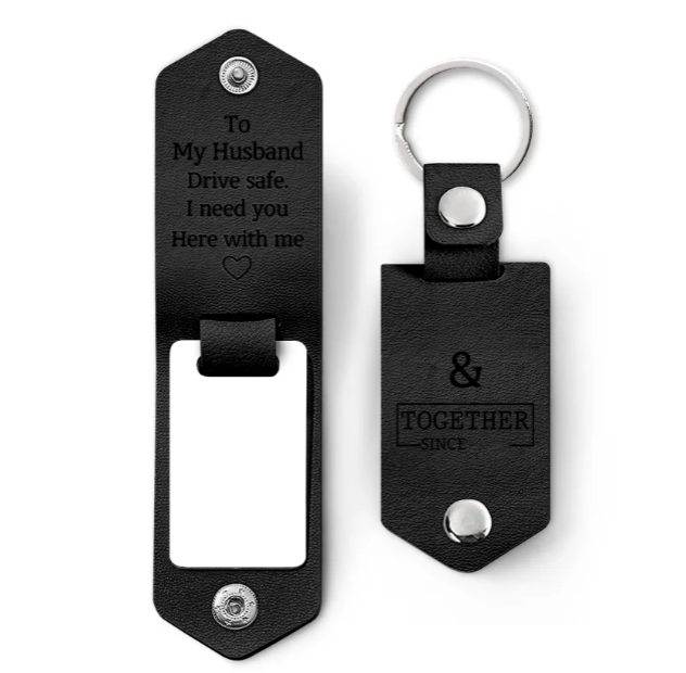Custom Photo Together Since Drive Safe I Need You Here With Me - Gift For Boyfriends, Husbands, Couples - Personalized Leather Photo Keychain-ilovevango