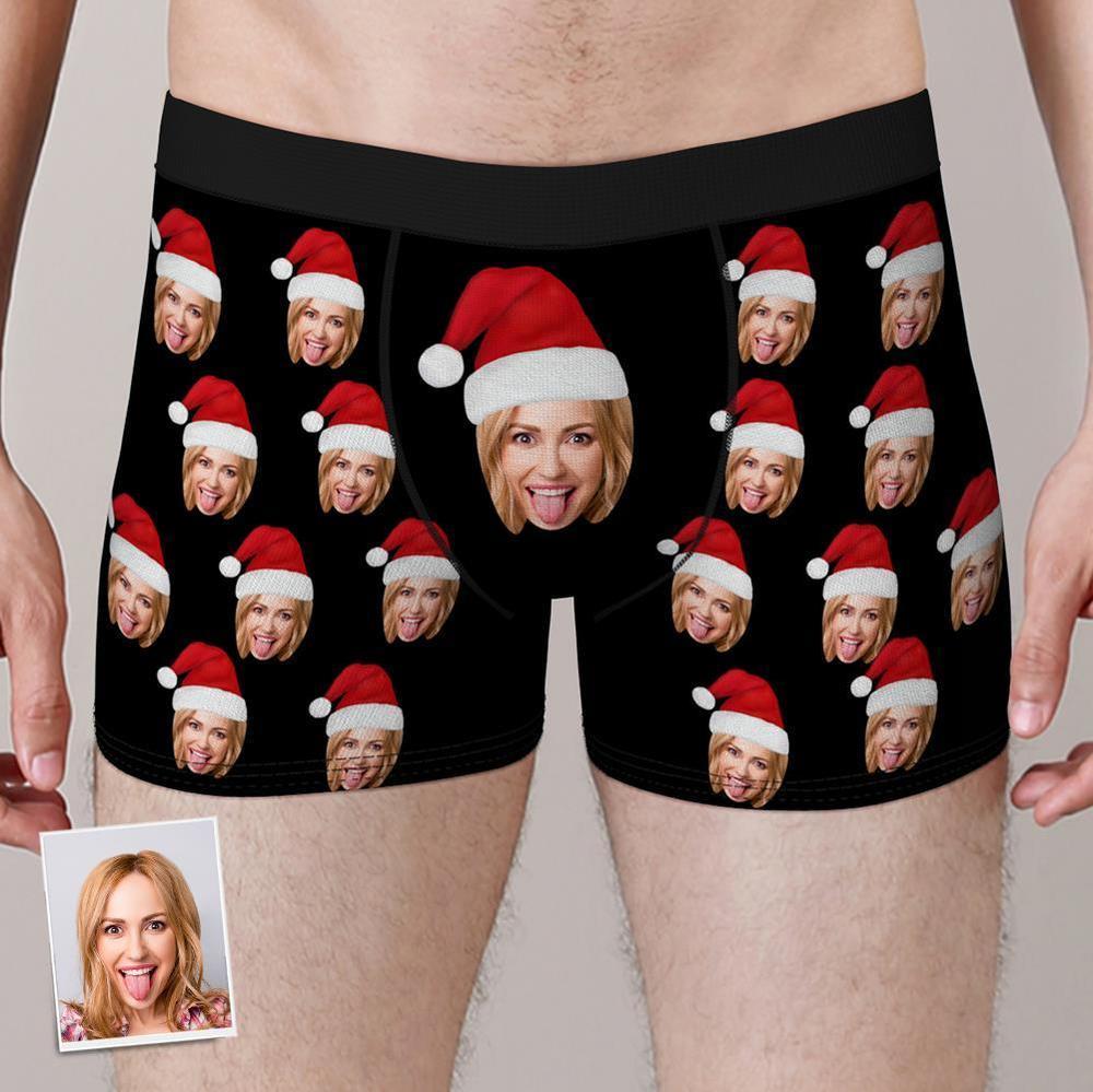 Custom Face Boxers Shorts with Christmas hat Personalised Photo Underwear Gift for Christmas-ilovevango