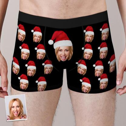 Custom Face Boxers Shorts with Christmas hat Personalised Photo Underwear Gift for Christmas-ilovevango
