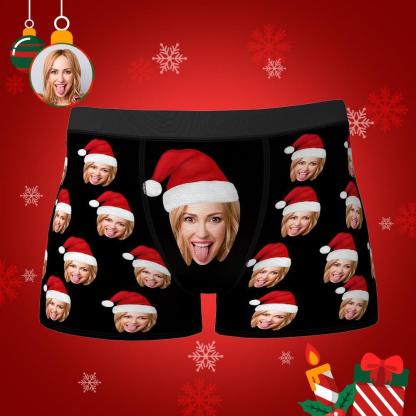 Custom Face Boxers Shorts with Christmas hat Personalised Photo Underwear Gift for Christmas-ilovevango