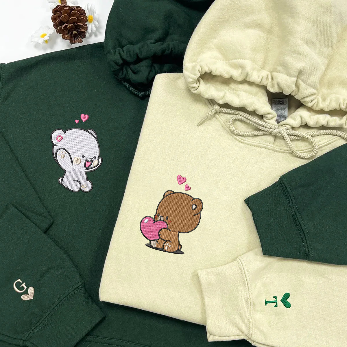 Cute Loving Bears Valentine Couples Embroidered Hoodie | Custom Embroidered Hoodies For Couples