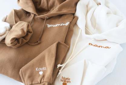 Custom Collar and Sleeve Embroidered Hoodie, Embroidered Mom mama Grandmother Hoodie with Kids Names Kids Names, Personalized Embroidered-ilovevango