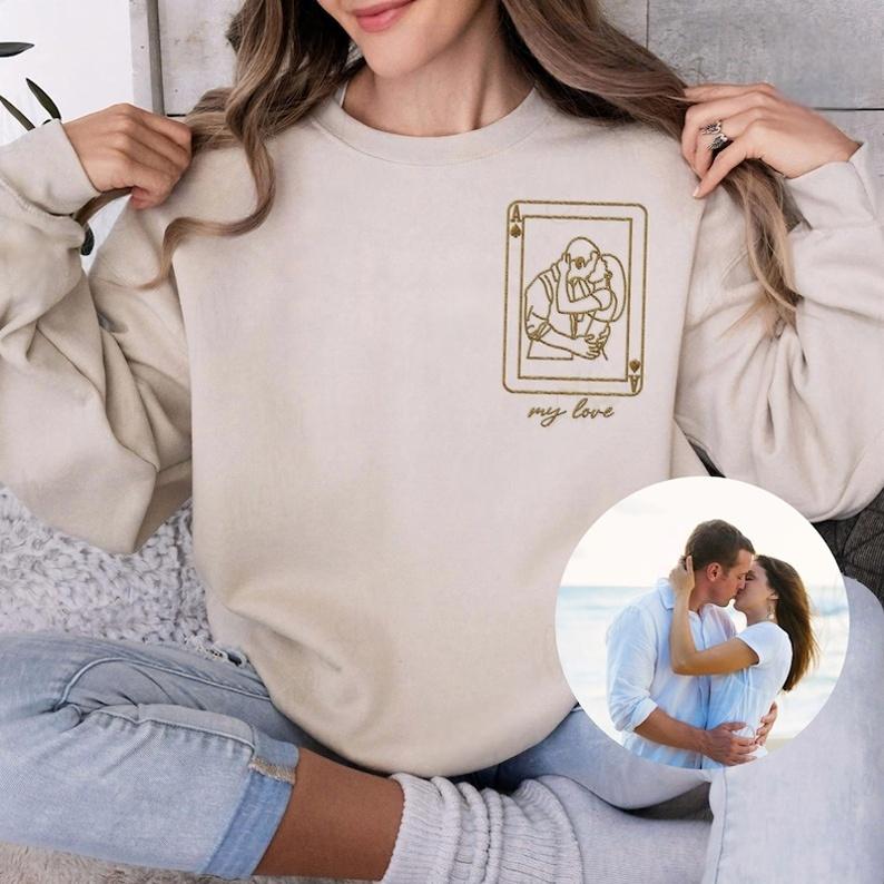 Custom Playing Cards Photo Couple Portrait Outline Embroidery Sweatshirt