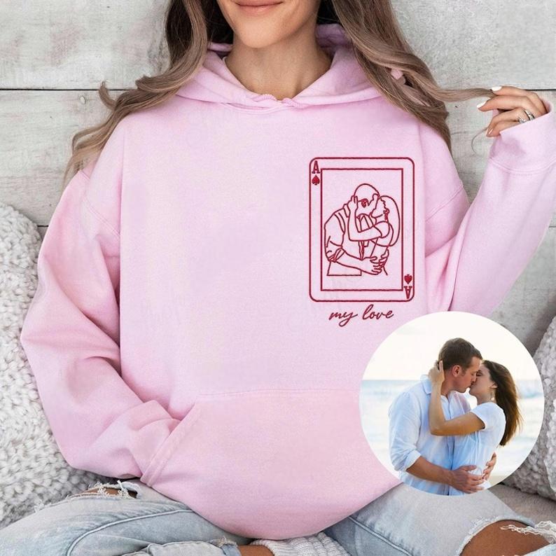 Custom Playing Cards Photo Couple Portrait Outline Embroidery Sweatshirt