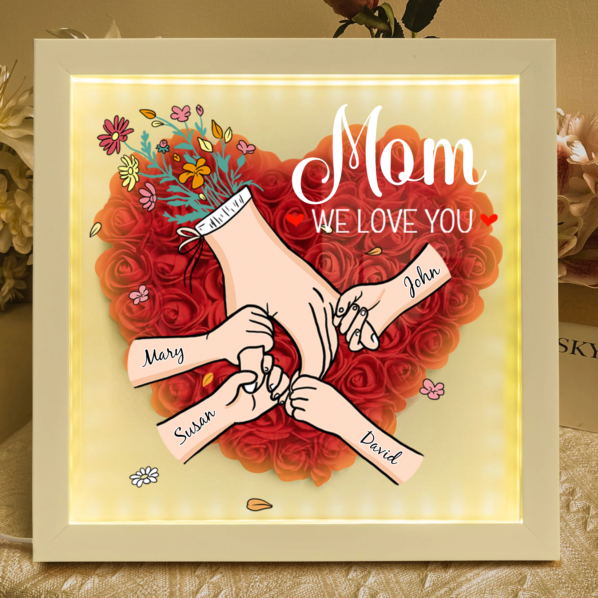 Family Love Blooms Forever - Personalized Flower Shadow Box With Led Light