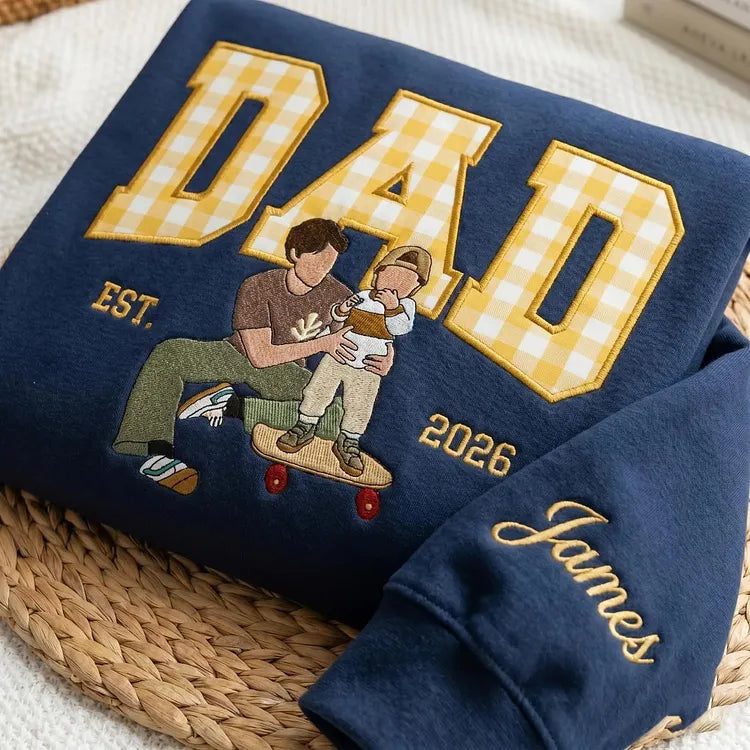 Custom Embroidered Dad Portrait Sweatshirt - Personalized Father's Day Gift with Name on Sleeve