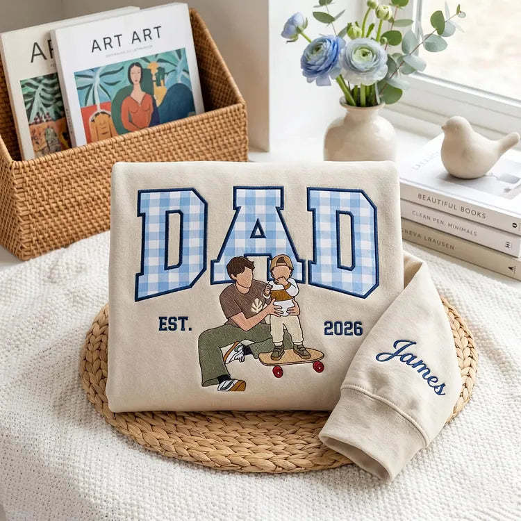 Custom Embroidered Dad Portrait Sweatshirt - Personalized Father's Day Gift with Name on Sleeve