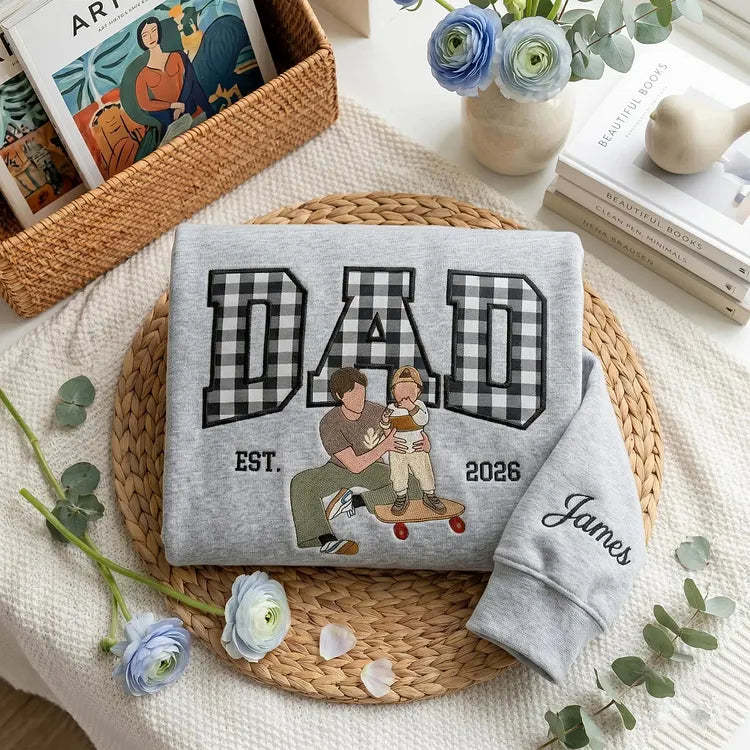 Custom Embroidered Dad Portrait Sweatshirt - Personalized Father's Day Gift with Name on Sleeve