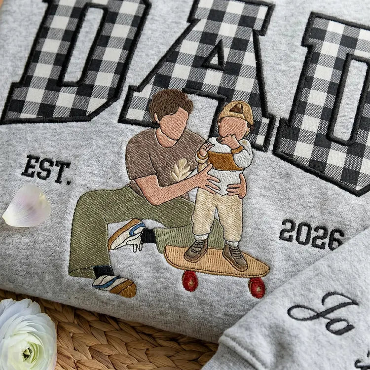 Custom Embroidered Dad Portrait Sweatshirt - Personalized Father's Day Gift with Name on Sleeve
