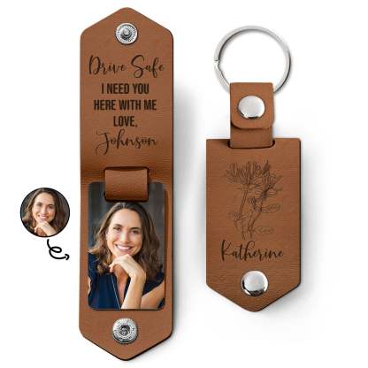 Custom Photo Birth Flower With Name Sketch - Gift For Her, Gift For Women - Personalized Leather Photo Keychain-ilovevango
