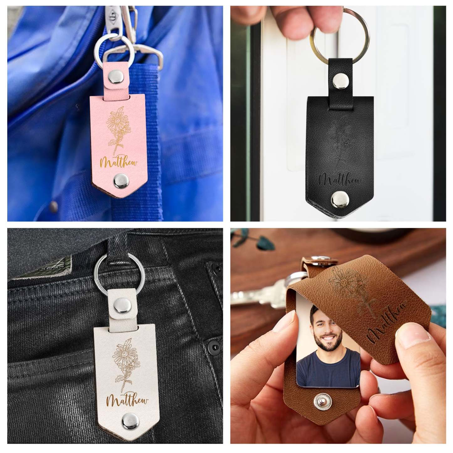 Custom Photo Birth Flower With Name Sketch - Gift For Her, Gift For Women - Personalized Leather Photo Keychain-ilovevango
