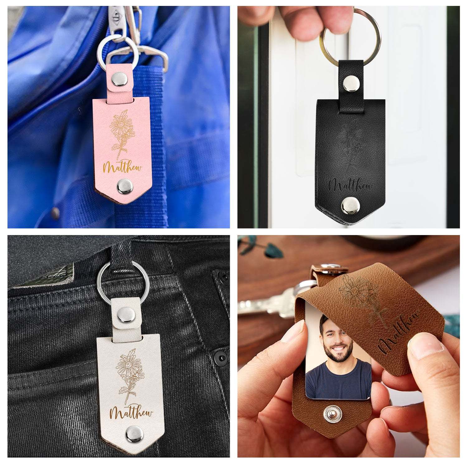 Custom Photo Birth Flower With Name Sketch - Gift For Her, Gift For Women - Personalized Leather Photo Keychain-ilovevango