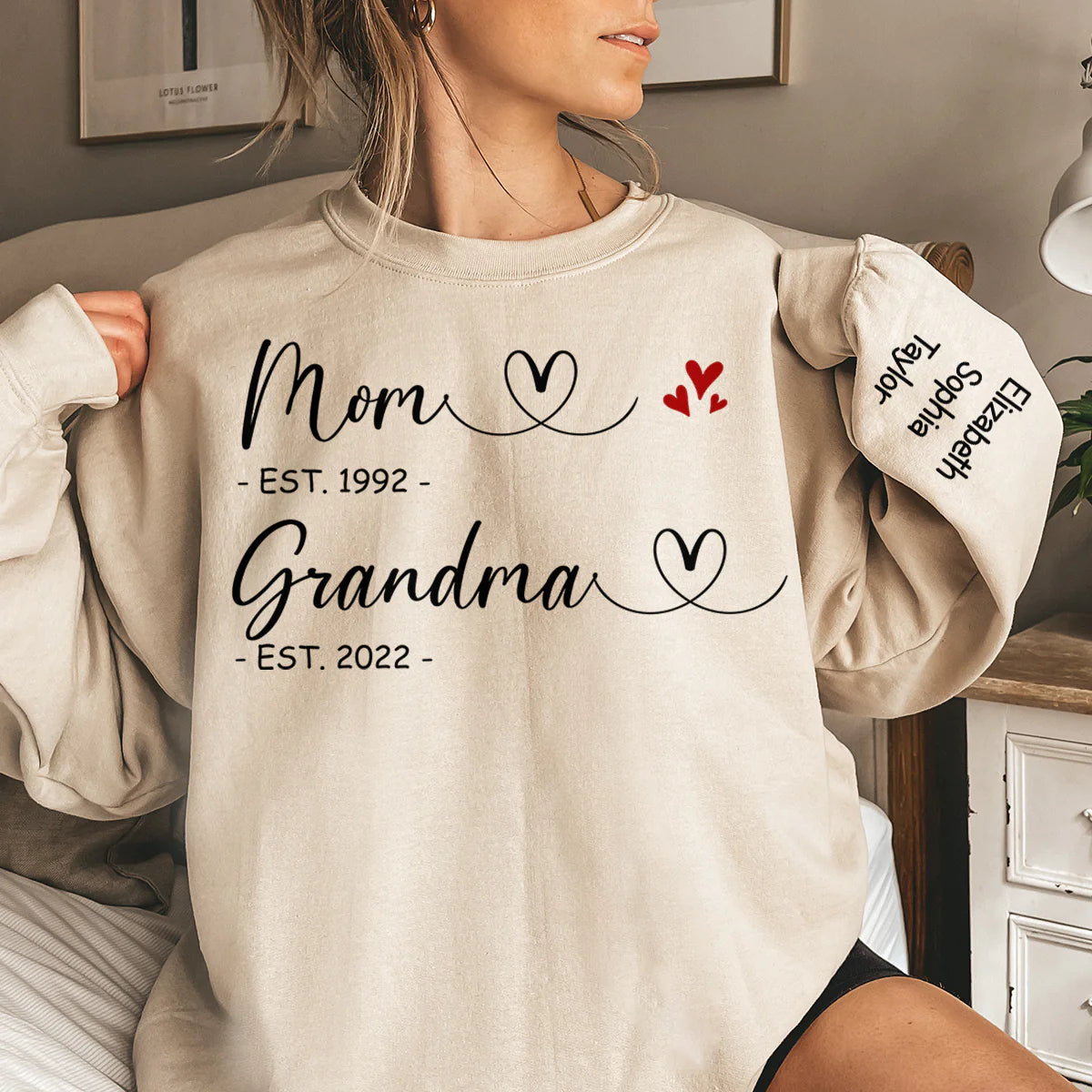 First Mom Now Grandma - Family Personalized Custom Unisex Sweatshirt With Design On Sleeve - Gift For Mom, Grandma-ilovevango