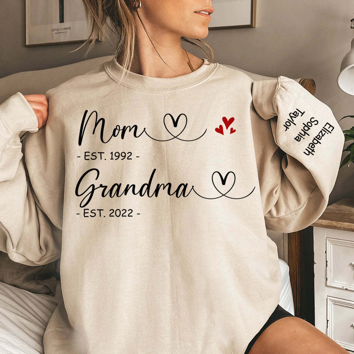 First Mom Now Grandma - Family Personalized Custom Unisex Sweatshirt With Design On Sleeve - Gift For Mom, Grandma-ilovevango