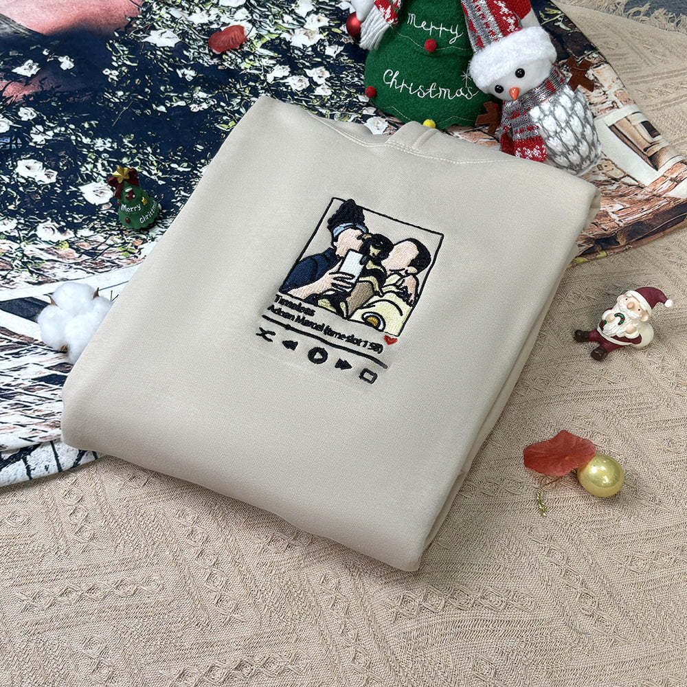 Plus Velvet Style-Custom Embroidered Sweatshirt Portrait Music Player/Roman Numerals/Customized Text Couple Family Gift-ilovevango