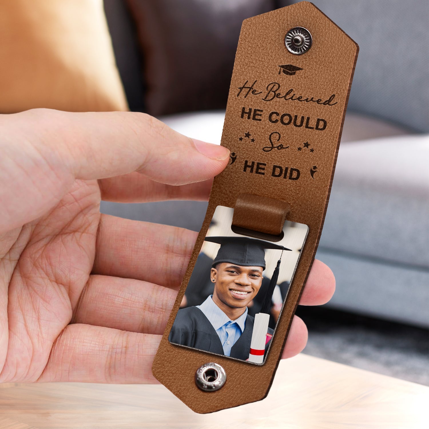 Custom Photo And So The Adventure Begins - Graduation Gift - Personalized Leather Photo Keychain