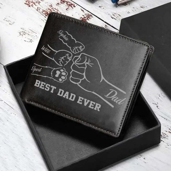 Personalized Fist Bump Dad Kids Pet Leather Wallet, Custom Kids Name Male Leather Wallet, For Daddy